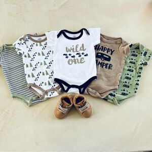 0-3 month baby happy camper onesie and hiking shoes